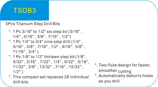  3Pcs Titanium Step Drill Bits 